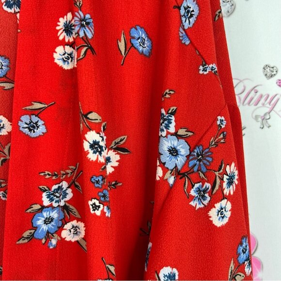 Divided cardigan kimono open front waterfall flowers Floral Red Kimono Cardigan - Picture 6 of 10